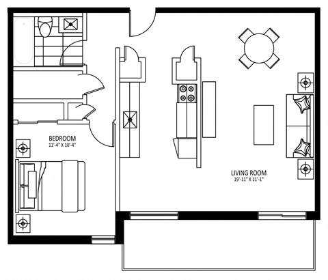 Floor plan for 1 bed, 1 bath, 674 sqft